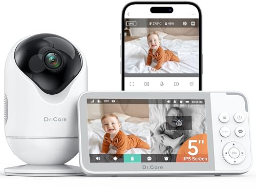 Dr.Care VistaView Baby Monitor WiFi, 5”1080P Schermo Diviso & 2K/3MP Telecamera Bambini, APP Mobile, 5000mAh Batteria, HD Visione Notturna, Allarmi Pianto e Movimento