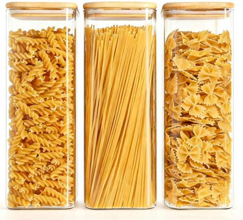 ComSaf 2.1L Glass Spaghetti Storage Jar Set of 3, Clear Square Glass Jars with Bamboo Lids, Airtight Pasta Storage Containers for Noodles Flour Cereal Rice Sugar Tea Coffee Beans