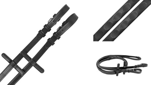 Premium European Leather Rubber Grip Reins for Horse Bridles, Magna Thumb Grip English Style, Black and Brown (Black, Pony)