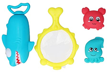 Jouets de Baignoire pour Enfants, Filet à Poisson Flottant, pulvérisation d'animaux à Presser, Ensemble de Jeux de Bain pour Tout-Petits, Vinyle ABS 4 pièces