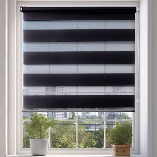 Day and Night Blinds Zebra Blinds No Drill Roller Blinds for Windows Blackout Stick On Self Adhesive Easy Fit Window Blind for Home Bathroom Bedroom Kitchen (Black, 45W x 160H cm)