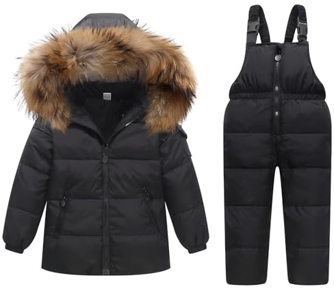 Kinder Bekleidungsset Junge Mädchen Süß Schneeanzug mit Kaputze Daunenjacke + Skihose 2tlg Verdickte Skianzug Winterjacke, Schwarz 3-4 Jahre