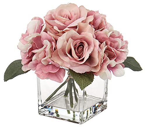 Briful Artificial Roses Artificial Flowers in Vase Silk Roses Hydrangeas in Fake Water for Wedding Decoration Fake Flowers with Glass Vase Arrangement for Home Room Decor Table Centerpieces