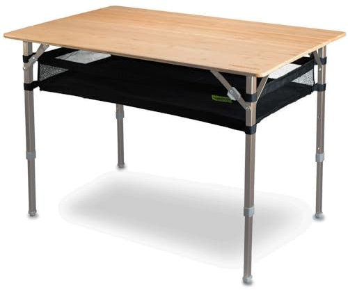 XXL Design Campingtisch mit Bambus-Tischplatte inkl Aufbewahrungsnetz und integriertem Flaschenöffner