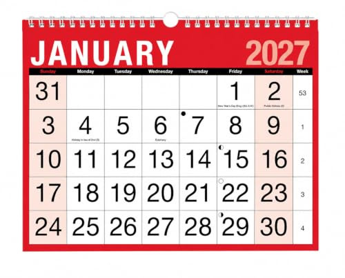 2027 Calendar A4 Month to View Spiral Bound Wall Planner for Home Business Office School 1 January 2027 to 31 December 2027