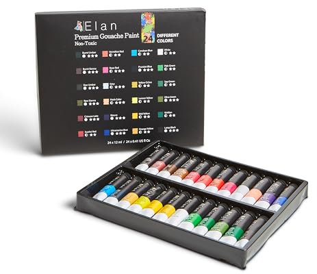 Elan Gouache Farben Set, 24x Premium Gouache Farben Tuben 12ml Ungiftig, Premium Flüssige Gouachefarben Set Professional