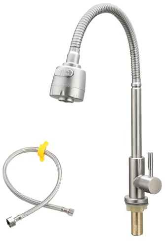 Cold Water Only Faucet Bendable Flexible Neck Kitchen Sink Faucet with Sprayer Aerator Lead-Free Single Handle SUS304 Stainless Steel Deck Mount Sink Bar Tap with One 24-Inch Long Hose