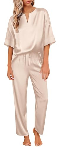 Ekouaer Pyjama Short Femme Pyjamas Satin Femme Court Ensemble de Pyjama Ete Pantalon Vêtements de Nuit 2 Pièces Champagne L
