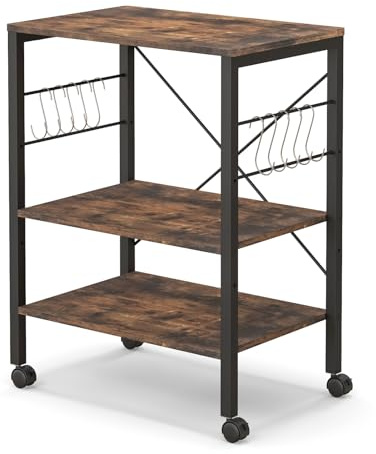 KOMFOTTEU Carrello da Cucina con Rotelle, Carrello a 3 Livelli con Ripiani Regolabili e 10 Ganci a S, Carrello di Servizio in Legno e Metallo, Carrello Multiuso per Ufficio Cucina (Industria)