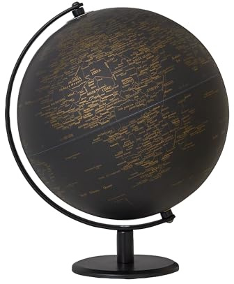 TROIKA Globus Ø 25 cm planet jordglob svart matt hav och guldfärgade landytor, svart metallfot, mjuk filtbotten rörlig axel – i en vacker kartong perfekt att ge bort
