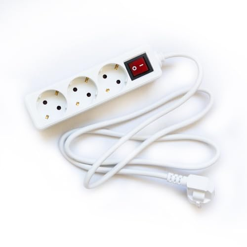 Vit grenuttag med 3 uttag med allmän strömbrytare med kabel 1,5 m