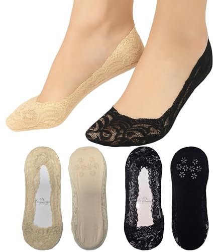 Exquisite Elegance 6 Pairs Women’s Lace No Show Socks with 360° Silicone Grip – Invisible Liner Footies for Flats & Heels – Black & Nude, UK 4-8 / EU 37-42