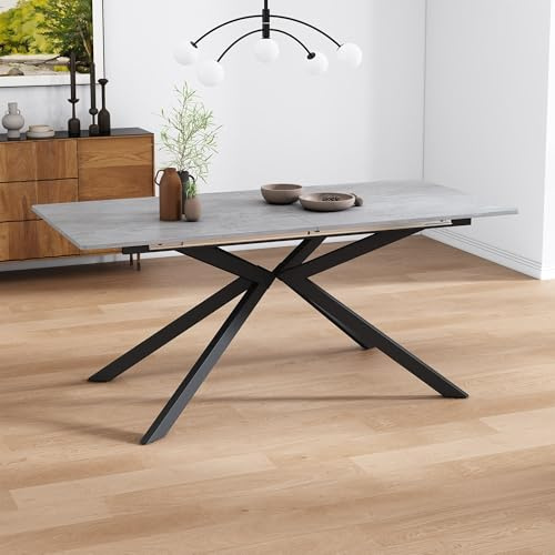 Lahoomu Erweiterbarer Esstisch, Automatisch Ausziehbarer Esstisch, Rechteckiger, Kaffee-Freizeittisch, L150/180 x B70 x H76 cm, Kreuzbein-Design, Marmorstruktur, Schwarz & Grau