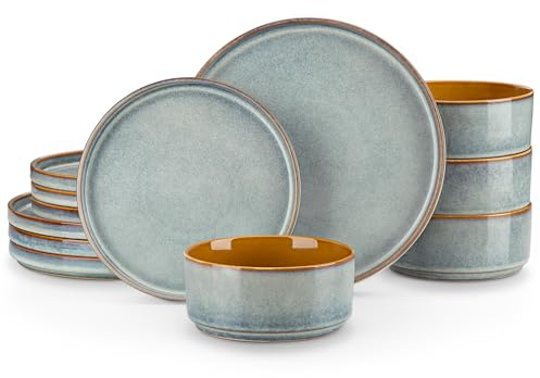 vancasso Ceramic Plates and Bowls Sets, 12 Pieces Light Blue Dinnerware Sets for Kitchen, Reactive Glaze Dishes Set for 4, Dishwasher and Microwave Safe
