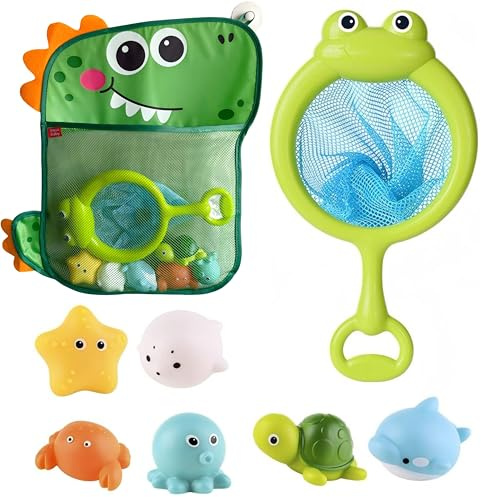 8 PiezasJuguetes de Baño, Moxiewell Juguetes de Natación del Animales Flotante con Red de Pesca y Organizador, Juegos Acuático Educativo para Bebés Niños y Niñas de 1 2 3 4 5 6 Años
