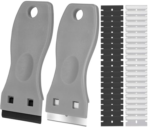 Flintronic Keramisk glasskrapa, 2 st 60 blad plastskrapa och 60 metallblad, glasugnsskrapa för kök och hem, lim, färg, dekaler, bakplatta - blå