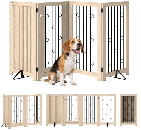 PawHut Absperrgitter Hund Freistehendes Schutzgitter, HxB: 91,5 x 205 cm Faltbares Hundegitter mit 2 Stützfüßen, Abschließbarer Tür, Haustiergitter für Küche, Kamin, Tür, 4 Paneelen, Eiche