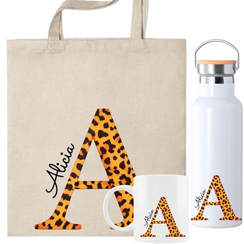 Set Personalizado con Inicial y Nombre, Bolsa de Tela + Taza 350ml con Diseño Floral de Rosas Rojas, Opción Botella Térmica, Regalo San Valentín (Pack Leopardo)