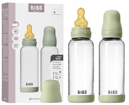 BIBS Baby Glass Bottle 2-Pack 240ml. Anti-Colic. Vented Round Natural Rubber Latex Nipple. Supports Natural Breastfeeding, Complete Set - 240 ml (Pack of 2), Sage