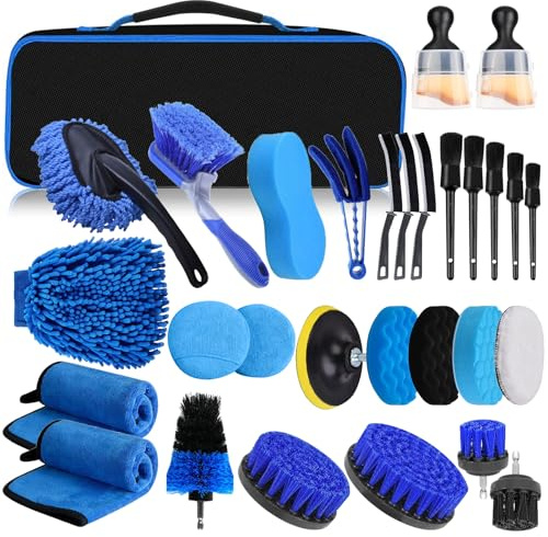 GIBOHOM Kit Nettoyage Voiture, 31 Pièces Brosse Nettoyage Voiture Kit pour L'intérieur et L'extérieur, Brosse Perceuse Nettoyage avec Brosses, Éponges de Polissage et Plus, Sac de Transport Pratique