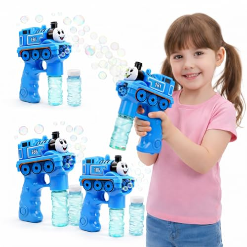 Pistola de Burbujas - Set de 3 - AMATOYS - Máquina de Pompas Automática con Luces - Forma de Animales - Pomperos para Niños y Niñas - Juguete para Piscina y Verano (Tren_Azul)