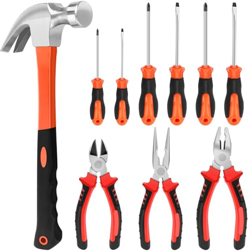 10Pcs Household Hand Tool Set, 45# Carbon Steel Pliers & Claw Hammer, S2 Magnetic Screwdrivers, DIY Repair Hand Tools for Home Garage Dorm Use, Red