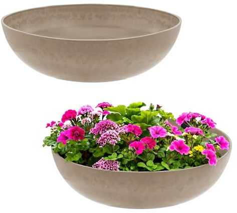 Spetebo Plast plantkruka, massiv stenlook, 30 cm, sand, set med 2, premiumblomkruka marmorerad för utomhus och inomhus, trädgårdsdekoration, blomkruka, plantkruka, dekorativ skål, betong