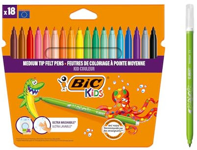 BIC Kids Fasermaler Kid Couleur (auswaschbare Filzstifte, 1 x 12 bunte Kinder Filzstifte, ab 5 Jahren, im Kartonetui)
