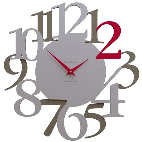 CalleaDesign Orologio da Parete moderno Russell, 45 cm, Elegante, Design Moderno, Meccanismo Silenzioso [Grigio quarzo, Alluminio, Rosso rubino]. Orologi da parete particolari moderni italiani