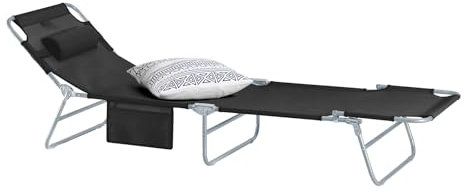 SoBuy Sonnenliege klappbar Gartenliege Liegestuhl klappbar mit Kopfkissen & Seitentasche Strandliege Balkon Relaxliege 155x56x81cm für Gartenmöbel Terrasse Camping Schwarz OGS35-SCH