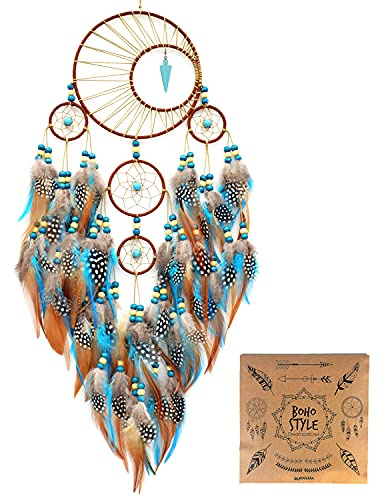 Urdeoms Large Dream Catchers for Girls Room Decor Boho Moon Dream Catcher Wall Decor Turquoise Hanging Ornament for Living Room Dorm Decor Hippie Gifts (NO.34)
