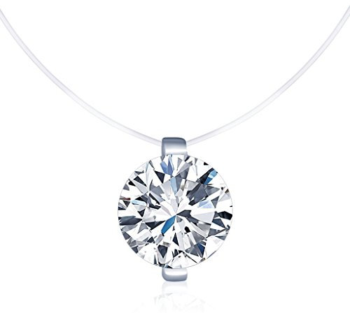 Belons Schwebender Stein Kette Damen 925 Sterling Silber 8mm Zirkonia Anhänger Halskette Transparente Nylonkette Choker