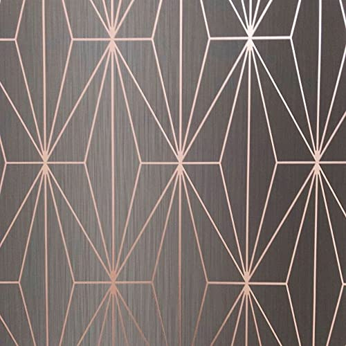 Muriva Kayla Metallic Geometric Diamond Triangles Vinyl Wallpaper Shiny Embossed Heavyweight 10m Roll Charcoal & Rose Gold 703015