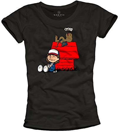 MAKAYA Stranger Damen Shirt - Dustin und Demodog - Kurzarm Rundhals Top für Frauen Schwarz mit Aufdruck Größe S
