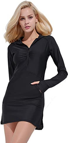 Damen Langarm Rash Guard Shirt mit Kapuze Workout Top Neoprenanzug Badeanzug UPF 50+ (Black, L)