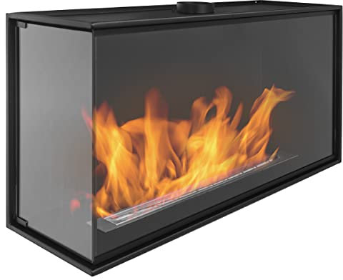 Bio-Eckkamin 1000mm mit Vollverglasung. Biokamin Nice-House mit linker Seite offen. Das Glas bedeckt die gesamte Höhe des Bio Kamin.