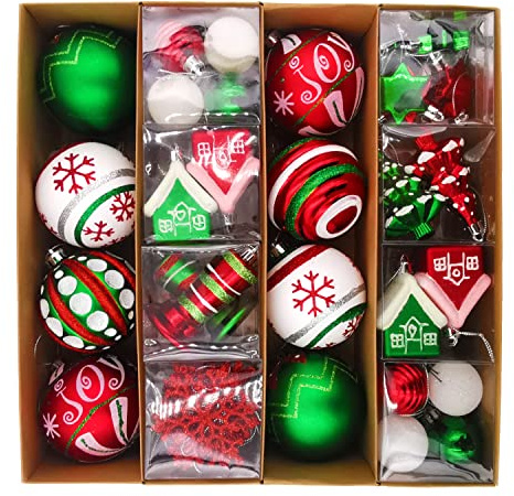 Christmas Ball Ornaments Set, 60 ct Red Green White Assorted Xmas Elements Theme Ornaments, Shatterproof Decorative Hanging Ball Ornaments for Holidays Party Wedding Christmas Tree Decoration