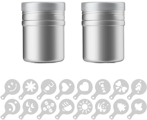 Intirilife Set de 18 poudriers - 2 secoueurs de poudre avec 16 pochoirs différents en Argent - Blanc - Pour décorer et saupoudrer les pâtisseries, le café, etc.