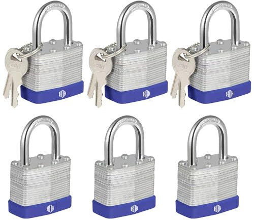 HOX Vorhängeschlösser, gleichschließend, mit 3 cm Bügel, 4,8 cm breiter Körper, gehärteter Stahlgehäuse, Messingzylinder – für Haspenriegel, Schuppen, Zäune, Aufbewahrungsspind, 6er-Pack