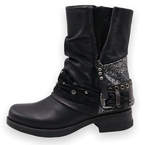 Stivaletti da donna con borchie – Stivali con borchie scarpe tacco a blocco – Comodo autunno inverno donna scarpe fibbie – ST04, Nero , 37 EU