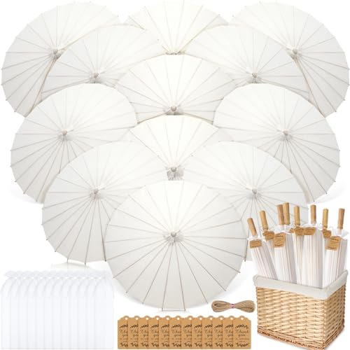 Huhumy 12 Set Parasol Umbrella 33 Inch Wedding Paper Umbrellas Thank You Card Chinese Japanese Parasol DIY Oiled Paper Painting Craft Decorative for Bridal Party Decor Outdoor Photography Props(White)