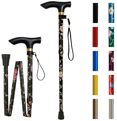 Home Hacks Adjustable Walking Stick Aluminium Folding Walking Stick for Men & Women Ergonomic Grip Anti-Slip Base Collapsible Disability Aids Walking Cane with Rubber Ends (Black Floral)