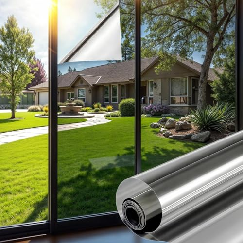 Mgood One Way Window Film Privacy Reflective Window Film Sun Blocker Heat Control Anti-Glare Static Cling Mirror Glass Films for Home Office (Silver Silver, 60 x 200 cm)