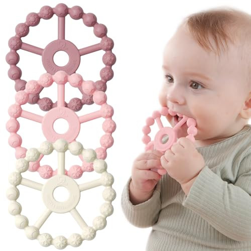 Seposeve Beißring 3er Pack, Kühlend Silikon Greifling Spielzeug Ab 9 Monaten, Babygeschenke 6-12, 12-24 Monate, BPA-FREI, Lila Rosa Weiß