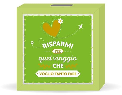 LINA OFFICINE GRAFICHE CREATIVE salvadenaio in legno regalo compleanno con la scritta RISPARMI PER QUEL VIAGGIO CHE VOGLIO TANTO FARE