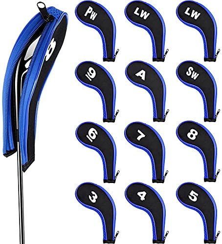NathrBTV 12Pcs Golf Iron Head Cover,Printing Irons Head Covers Set Club Heads Protector Wedge Head covers with Zip (Black Blue)