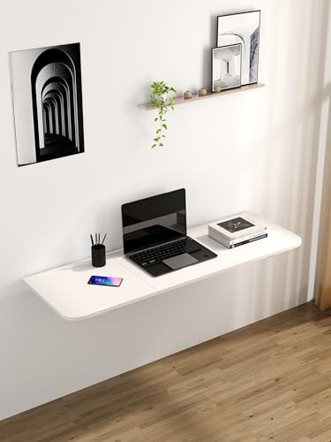 yeshine Wall Mounted Folding Table 120×40 cm Wall Mounted Table Fold Down Desk Floating Desk with Brackets for Space Saving—Laundry Room Kitchen Balcony Home Office White