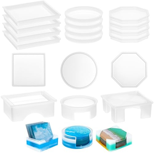 QWORK® 18 Pièces moules silicone set, moules en silicone résine époxy pour artisanat DIY, compris des formes de sous-verres rondes, carrées et octogonales, pour sous-verres de tasses, plateaux
