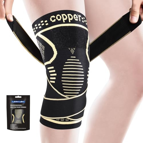 Lexniush Kupfer Kniebandage mit Verstellbaren für Männer Damen, Kompression Kniestütze Bandage Knie für Arthrose, Meniskus, ACL, Knieschmerzen, Knieorthese Rechts/Links für Sport, Joggen, Laufen, L