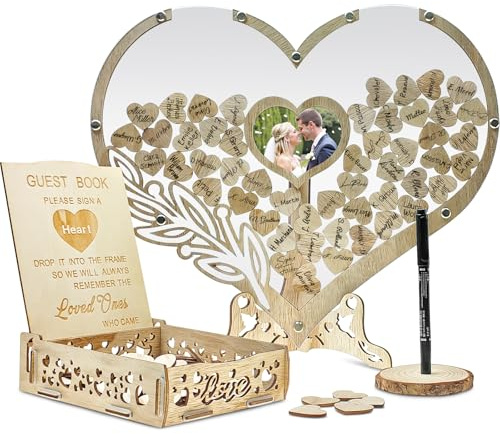 Wedding Guest Book Alternative with 100 Heart-Shaped Wooden Pieces for Wedding Reception, Includes Storage Box and Personalized Photo Frame, Perfect for Weddings, Decoration, Birthday and Baby Showers